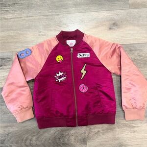 Pink and Burgundy Satin Patch Bomber Jacket
